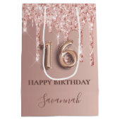 16e verjaardag roos goud glitter roze ballonstijl medium cadeauzakje (Achterkant)