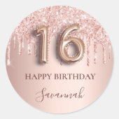 16e verjaardag roos goud glitter roze ballonstijl ronde sticker (Voorkant)
