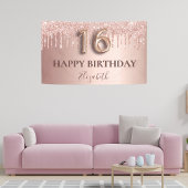 16e verjaardag roos goud glitter roze ballonstijl spandoek