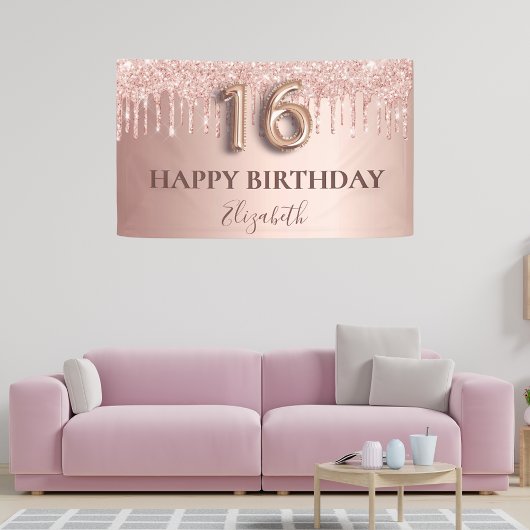 16e verjaardag roos goud glitter roze ballonstijl spandoek