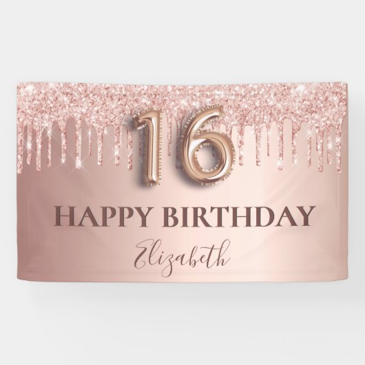 16e verjaardag roos goud glitter roze ballonstijl spandoek (Horizontaal)