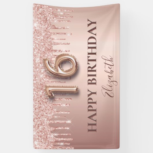 16e verjaardag roos goud glitter roze ballonstijl spandoek (Verticaal)