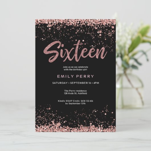 16e verjaardag roos goud glitter Uitnodiging (Staand voorkant)