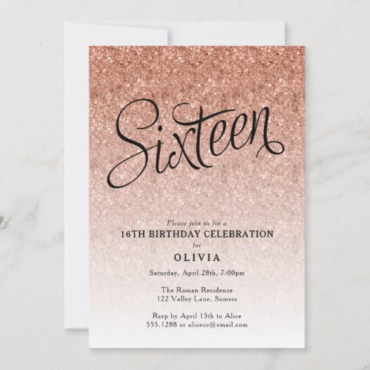 16e Verjaardag Roos Gouden Ombre Glitter Invitatio Kaart (Voorkant)