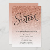 16e Verjaardag Roos Gouden Ombre Glitter Invitatio Kaart (Voorkant / Achterkant)