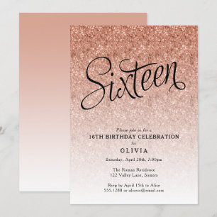 16e Verjaardag Roos Gouden Ombre Glitter Invitatio Kaart