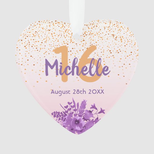 16e verjaardag roos gouden paarse bloemen ornament (voorkant)