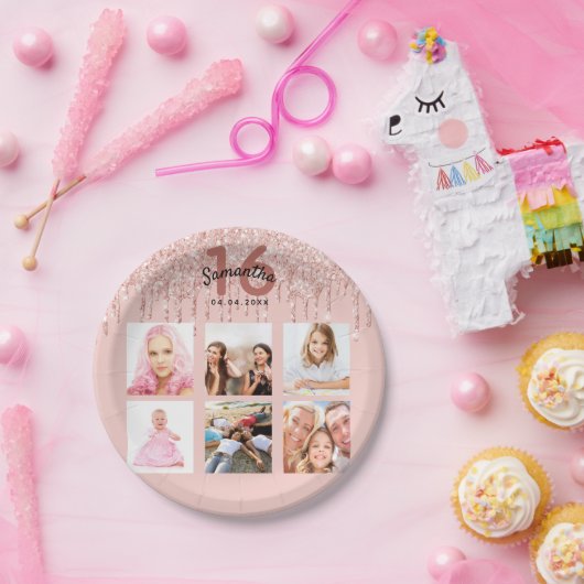 16e verjaardag roos gouden roze foto papieren bordje (Feest)