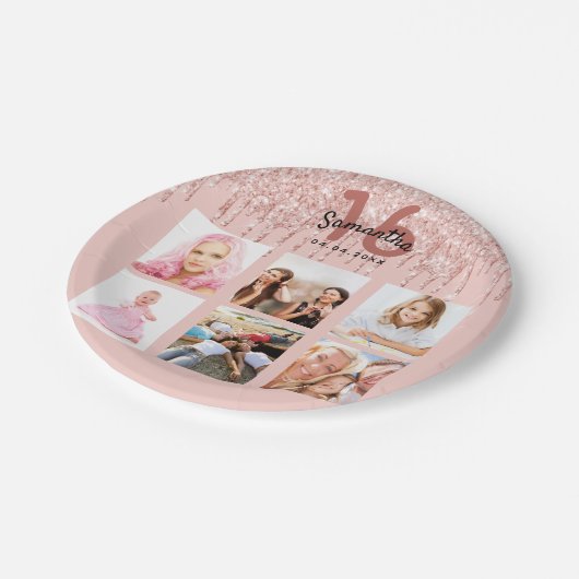 16e verjaardag roos gouden roze foto papieren bordje (Gekanteld)