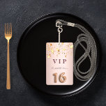 16e verjaardag roos gouden roze sterren ballonschr badge<br><div class="desc">Een moderne, stijlvolle en glamoureuze badge voor het 16de verjaardag van een meisje. Een faux roos goud en roze metalen achtergrond met faux gouden sterren. De naam wordt geschreven met een modern donker roos goudkleurig handgeschreven stijlmanuscript met letters. Met de tekst: VIP nummer 16 wordt geschreven met een ballonstijllettertype, script....</div>