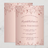 16e verjaardag roos gouden sterren sprinkle kaart (Voorkant / Achterkant)