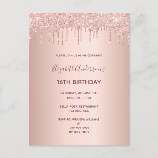 16e verjaardag roos goudglitter drip uitnodiging (Voorkant)