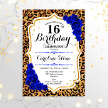 16e verjaardag - Royal Blue Gold Leopard Print Kaart<br><div class="desc">16e uitnodiging van de verjaardag. Elegant royal blue design met faux glitter Gold. Kenmerken luipaard cheetah dierlijk afdrukken,  scriptlettertype en saffierblauw roos. Ideaal voor een elegant verjaardagsfeestje. Kan elk jaar worden gepersonaliseerd! Bericht me als u verdere aanpassing nodig hebt.</div>