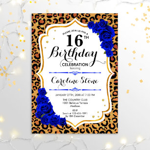 16e verjaardag - Royal Blue Gold Leopard Print Kaart