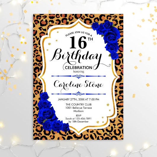 16e verjaardag - Royal Blue Gold Leopard Print Kaart