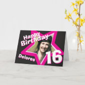 16e verjaardag roze aangepaste fotokaart kaart (Gele Bloem)