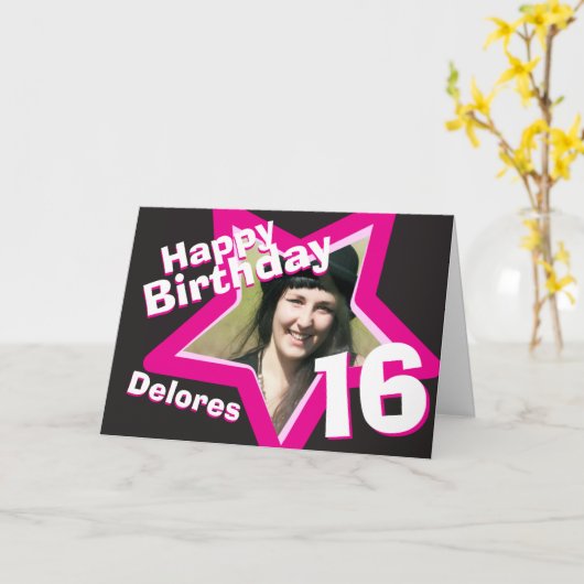 16e verjaardag roze aangepaste fotokaart kaart (Gele Bloem)