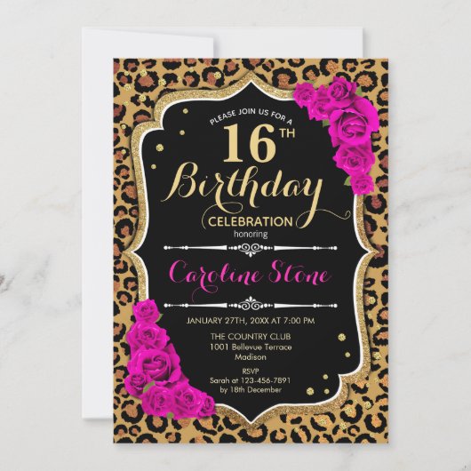16e verjaardag - Roze rozen luipaard afdrukken Kaart (Voorkant)