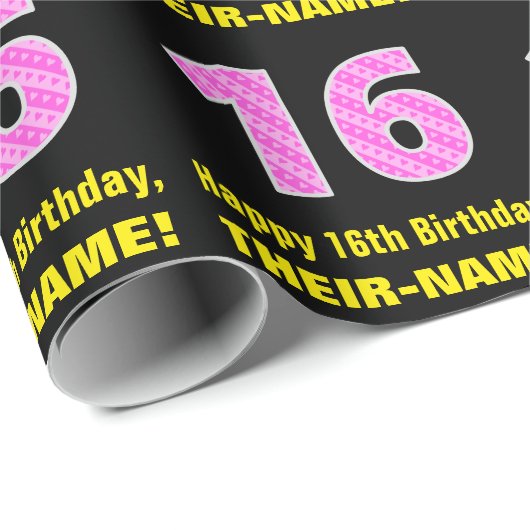 16e verjaardag: roze strepen en harten "16" + naam cadeaupapier (Rol Hoek)