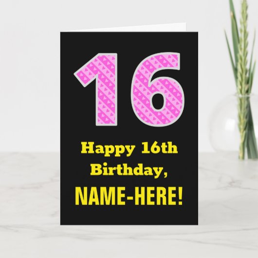 16e verjaardag: roze strepen en harten "16" + naam kaart (Voorkant)