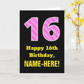 16e verjaardag: roze strepen en harten "16" + naam kaart (Gele Bloem)