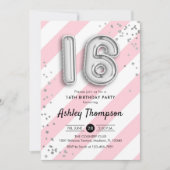 16e verjaardag - roze strepen en zilveren ballonne kaart (Voorkant)