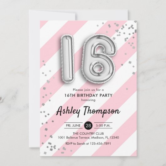 16e verjaardag - roze strepen en zilveren ballonne kaart (Voorkant)
