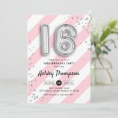 16e verjaardag - roze strepen en zilveren ballonne kaart (Staand voorkant)