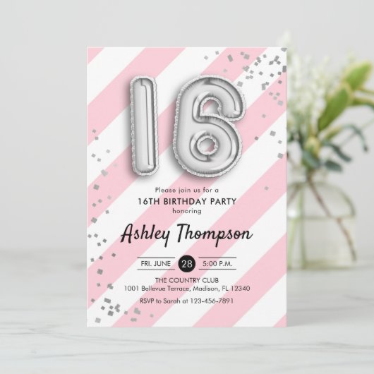 16e verjaardag - roze strepen en zilveren ballonne kaart (Staand voorkant)