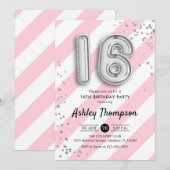 16e verjaardag - roze strepen en zilveren ballonne kaart (Voorkant / Achterkant)