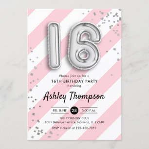 16e verjaardag - Roze strepen en zilveren ballonne Kaart