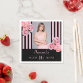 16e verjaardag roze strepen floral black foto servet (Insitu)