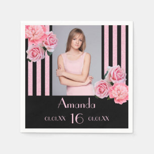 16e verjaardag roze strepen floral black foto servet