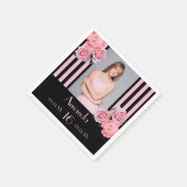 16e verjaardag roze strepen floral black foto servet (Hoek)