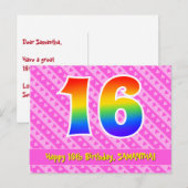 16e verjaardag: roze strepen & harten, regenboog 1 briefkaart (Voorkant / Achterkant)