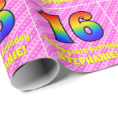 16e verjaardag: roze strips & harten, regenboognr. cadeaupapier (Rol Hoek)