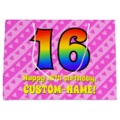 16e verjaardag: roze strips & harten, regenboognr. groot cadeauzakje (Voorkant)