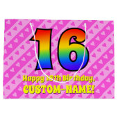 16e verjaardag: roze strips & harten, regenboognr. groot cadeauzakje (Achterkant)