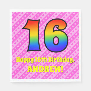 16e verjaardag: roze strips & harten, regenboognr. servet