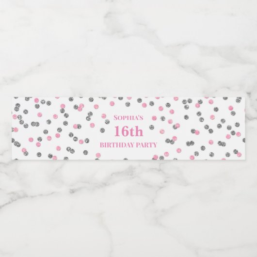 16e verjaardag roze zilveren Confetti Waterfles Etiket (Enkel label)