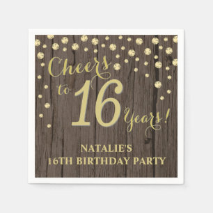 16e verjaardag Rustic Wood en Gold Diamond N Servet