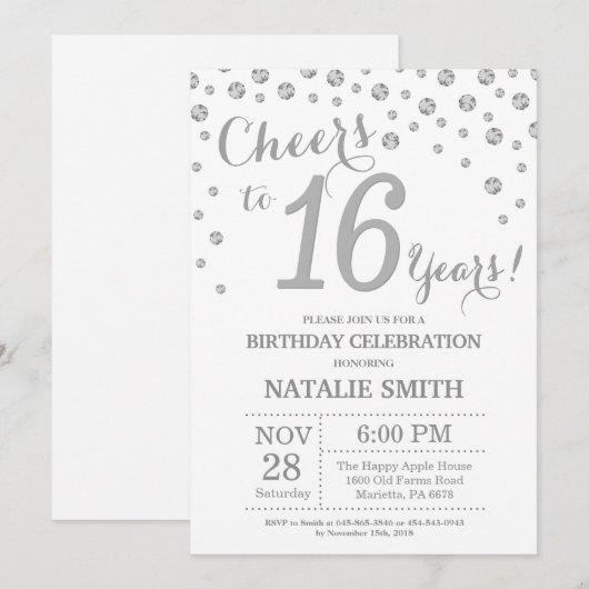 16e verjaardag Silver Glitter Diamond Uitnodiging (Voorkant / Achterkant)