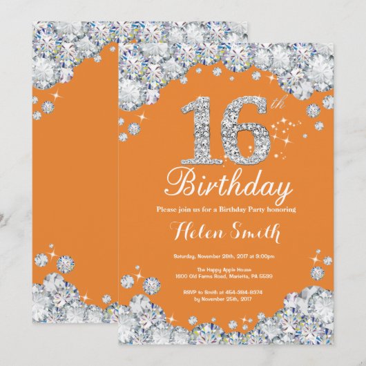 16e verjaardag Sinaasappel en zilveren diamant Kaart (Voorkant / Achterkant)