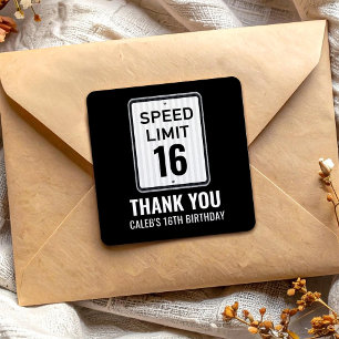 16e Verjaardag Snelheidslimiet Zwart en Wit Bord Vierkante Sticker