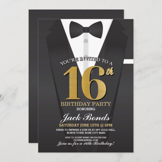 16e verjaardag Spy Suit Black stropdas Gold Tuxedo Kaart (Voorkant / Achterkant)
