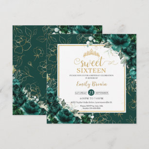 16e verjaardag Sweet 16 Emerald Green Floral Gold Kaart