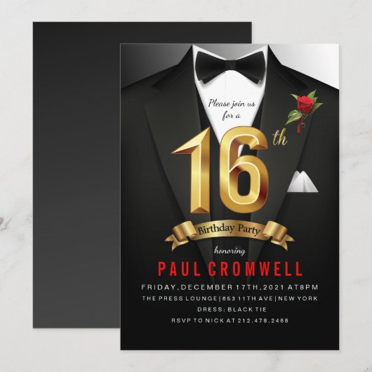 16e verjaardag Sweet 16 Tuxedo Kaart (Voorkant / Achterkant)