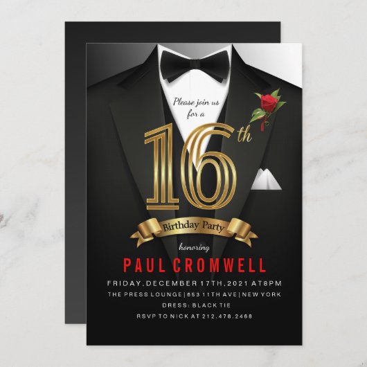 16e verjaardag Sweet 16 Tuxedo Kaart (Voorkant / Achterkant)