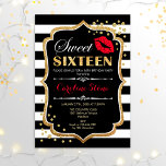 16e verjaardag - Sweet Sixteen Black Red Gold Kaart<br><div class="desc">Sweet 61-jarige uitnodiging. Elegant zwart wit design met faux glitter Gold. Met rode lipskus,  zwarte witte strepen,  confetti en scriptlettertype. Ideaal voor een stijlvol 16e verjaardagsfeestje. Bericht me als u verdere aanpassing nodig hebt.</div>
