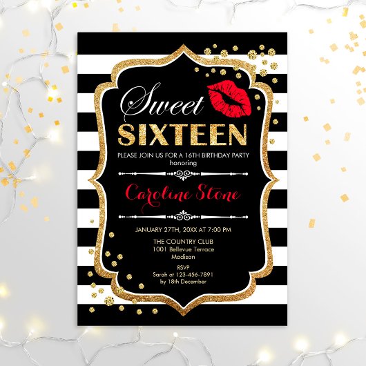 16e verjaardag - Sweet Sixteen Black Red Gold Kaart